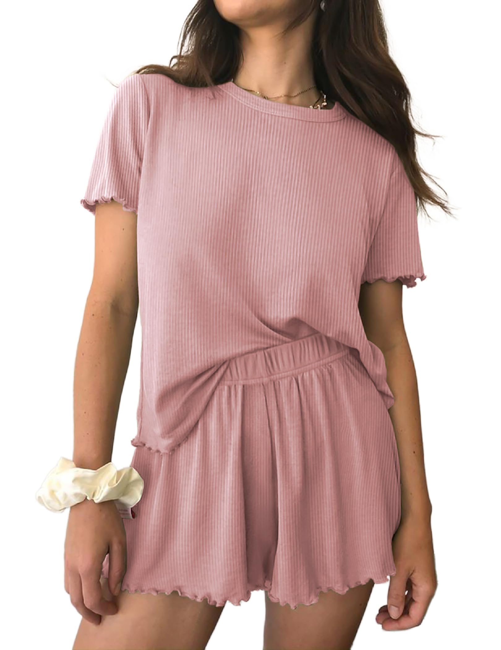 Photo 1 of Ekouaer Womens Pajamas 2 Piece Ribbed Knit Pjs Short Sleeve Sleepwear Set Summer Soft Pajamas Set Casual Lounge Sets Rose Red XL