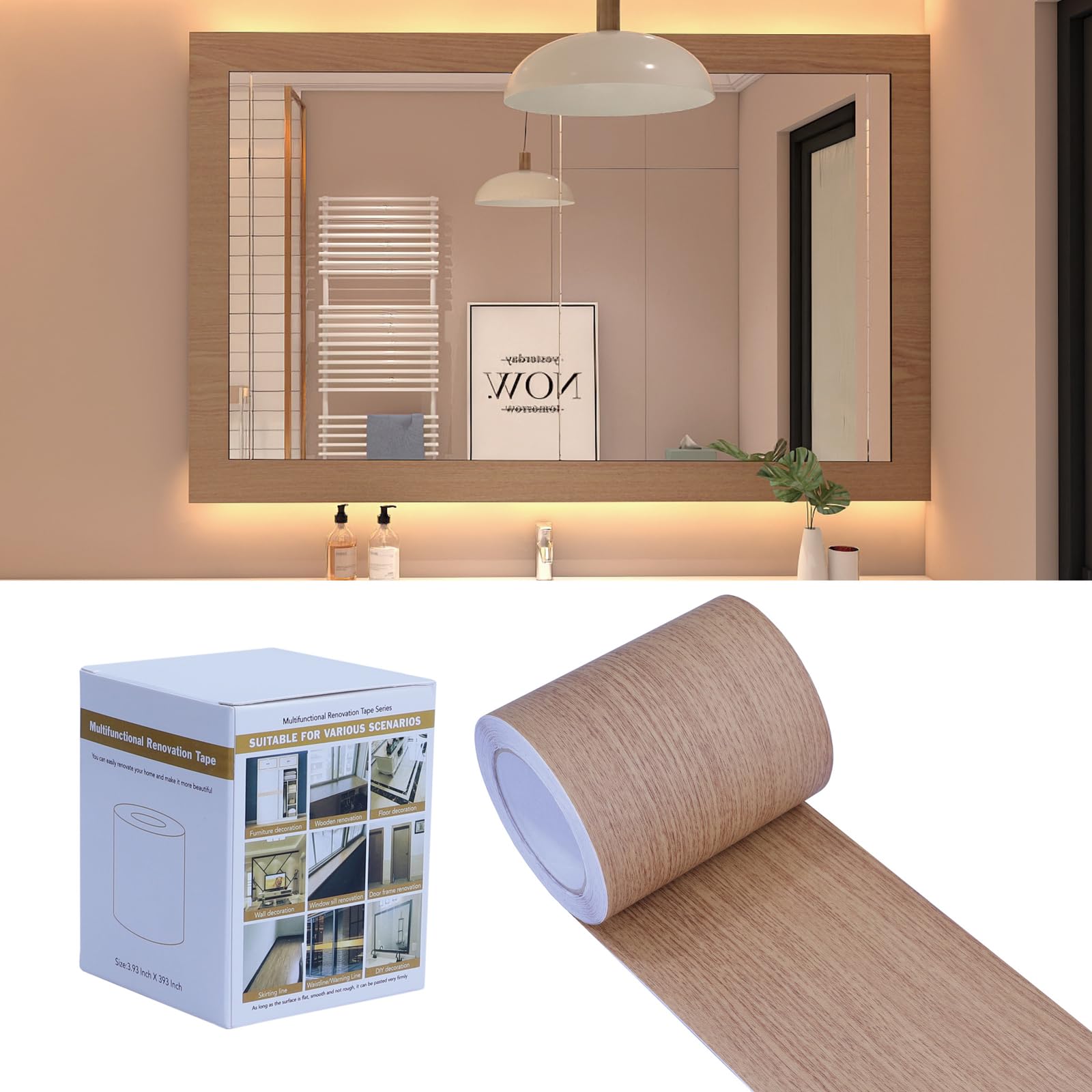 Photo 1 of FEILAYS Teak Wood Grain Removable PVC Waterproof Border Wall Decor Removable Self Adhesive Door Frame Window Frame Decoration Kitchen Bathroom Tiles Sticker Grain Trim 3.93inch x 393 inch