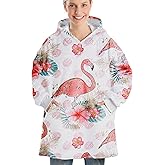 Flamingo Gifts, Flamingo Wearable Flannel Blanket Hoodie, Oversized Flannel Hooded Blanket Sweatshirt, One Size
