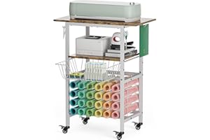 Queension Craft Cart with Wheels Compatible with Cricut Machines, Craft Organization and Storage Stand with Craft Table for Cricut Accessories, Rolling Storage Cart with 24 Vinyl Roll Hollers, White