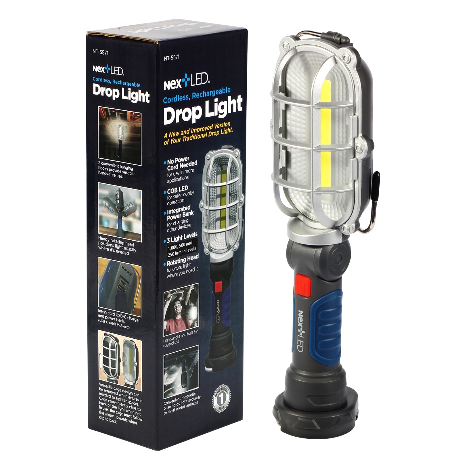 Photo 1 of (Improved) NextLED NT-5571 Rechargeable Magnetic LED Work Light, 1000 LM Trouble Light, Cordless LED Drop Light, Mechanic Flashlight for Garage, Enhanced Magnetic Base & Hook, Automotive Tasks