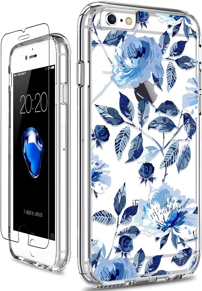 GiiKa for iPhone 6 6s Case with Screen Protector, Clear Heavy Duty Protective Case Floral Girls Women Shockproof Hard PC Back Case with Slim TPU Bumper Cover Phone Case for iPhone 6s, Blue Flowers