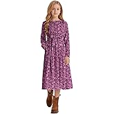 LaBeca Girls Casual Elastic Crew Neck Floral Printed Solid Color A-line Swing High Waist Midi Belted Dress with Pocket