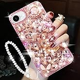 Changjia for iPhone 16e Glitter Bling Case, Cute Luxury 3D Sparkle Crown Crystal Rhinestones Diamond Gemstones Pearl with Lanyard Wrist Strap Women Girls Phone Case for iPhone 16e 6.1" 2025 (Pink)