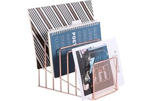 Simmer Stone Incline File Sorter, 7 Slot Magazine Holder for Letter, Document, Folder and Book, Metal Desktop Organizer Rack for Home, School and Office, Rose Gold