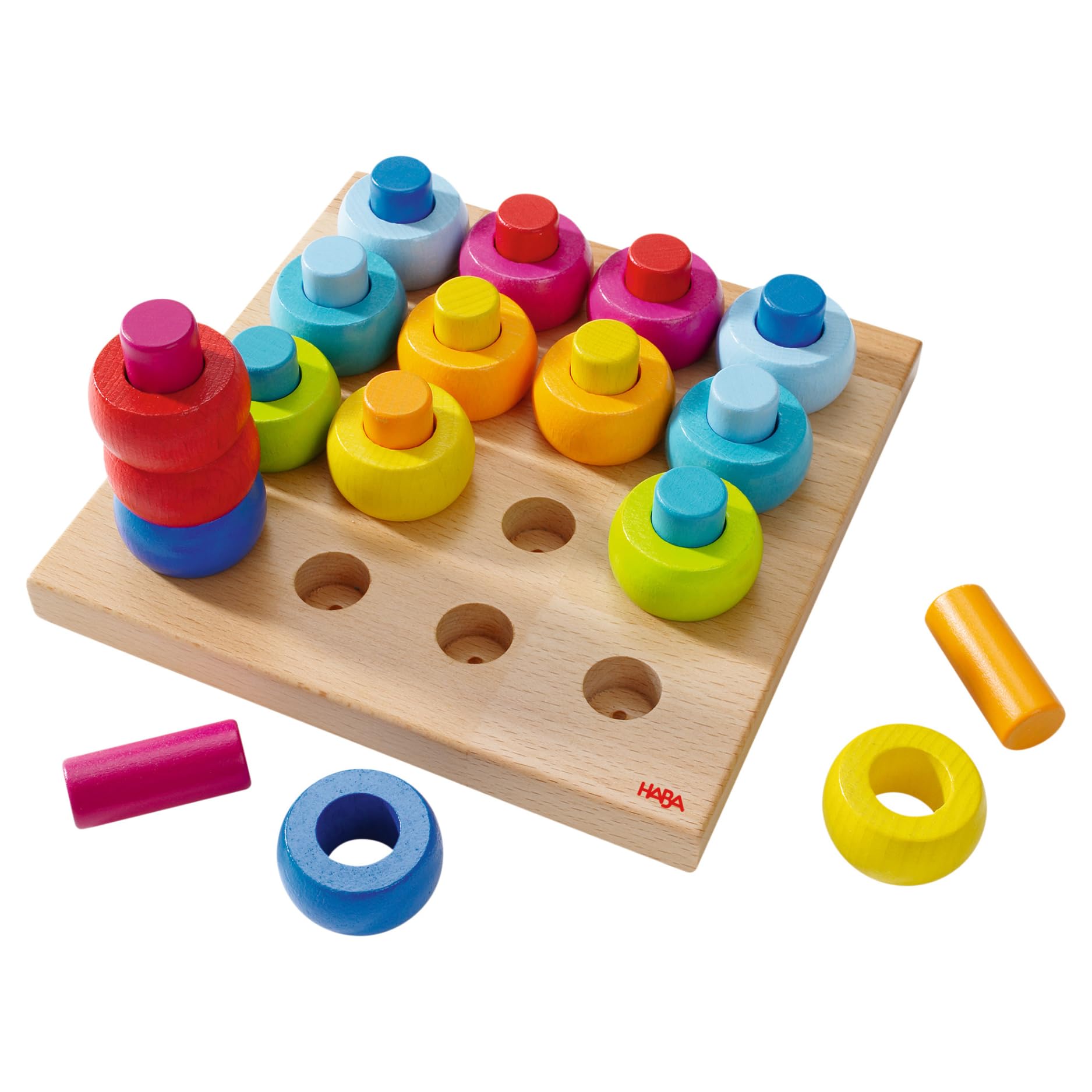 HABA Rainbow Whirls Wooden Sorting & Stacking Rings Shape Sorter, Educational Toys for 2 Year Old & Up, Color Sorting Fine Motor Toys, Made in Germany