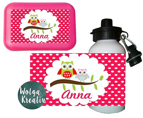 wolga-kreativ Kinder Set Kindergartenset Brotdose Trinkflasche Schulset mit Name Eule