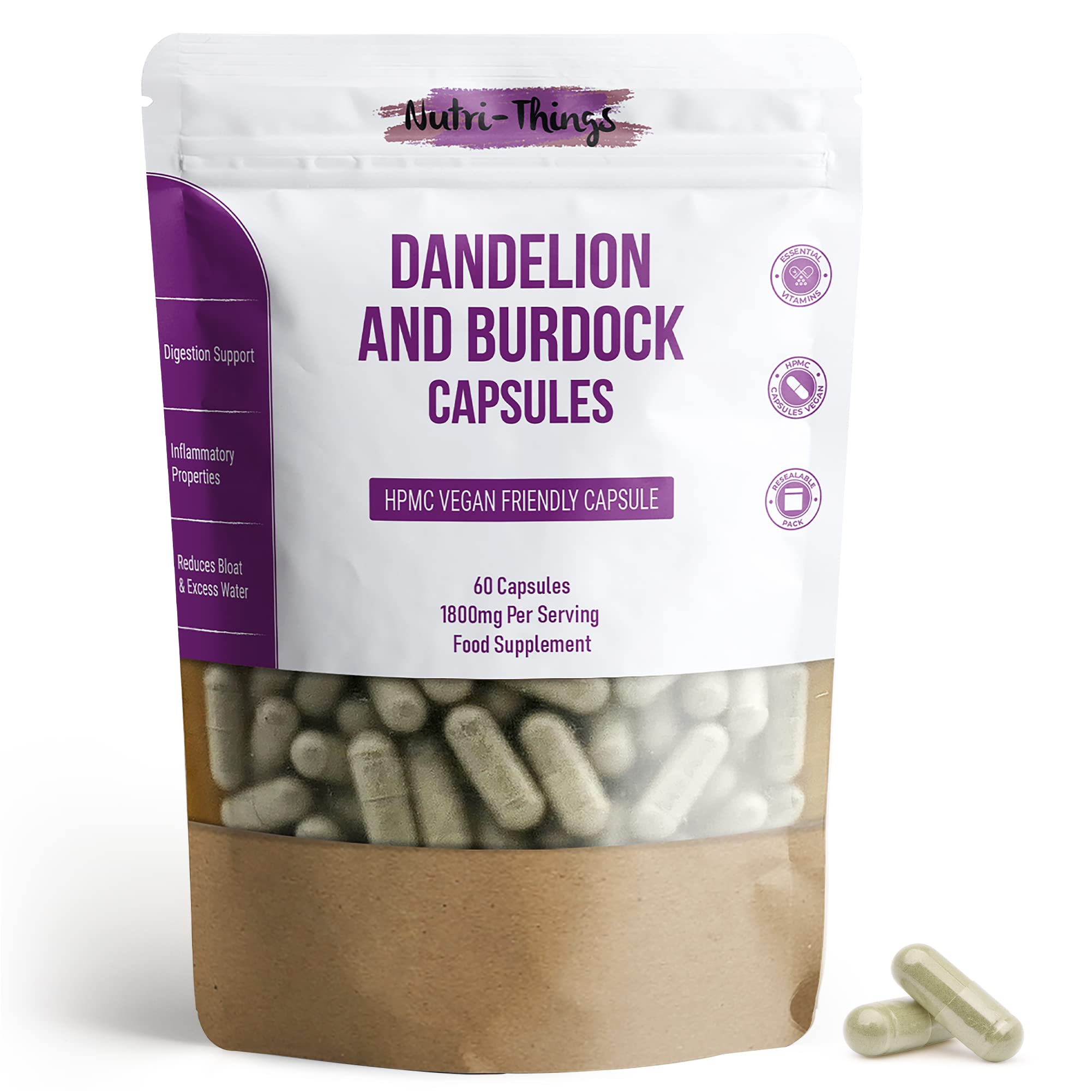 Dandelion & Burdock Root Capsules - 1800mg High Strength Dandelion Root Extract for Water Retention & Digestive Support | Vegan-Friendly Supplement | 60 Capsules with Dandelion Root Powder