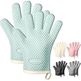 MAD SHARK Silicone Oven Mitts Heat Resistant 450 Degrees,Waterproof & Non-Slip Oven Gloves with Fingers,Cotton Lined Silicone Oven Gloves Kitchen Mitts for Baking Cooking Barbecue,Women (Green)