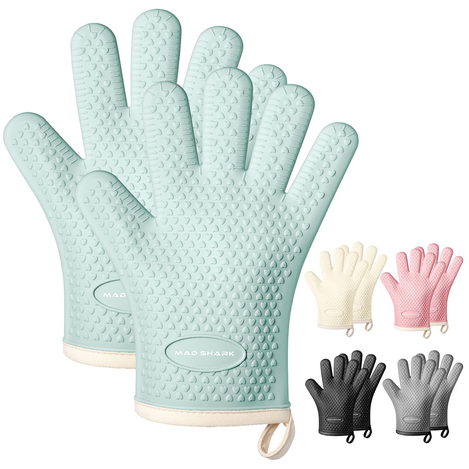 Photo 1 of MAD SHARK Silicone Oven Mitts Heat Resistant 450 Degrees,Waterproof & Non-Slip Oven Gloves with Fingers,Cotton Lined Silicone Oven Gloves Kitchen Mitts for Baking Cooking Barbecue,Women (Green)