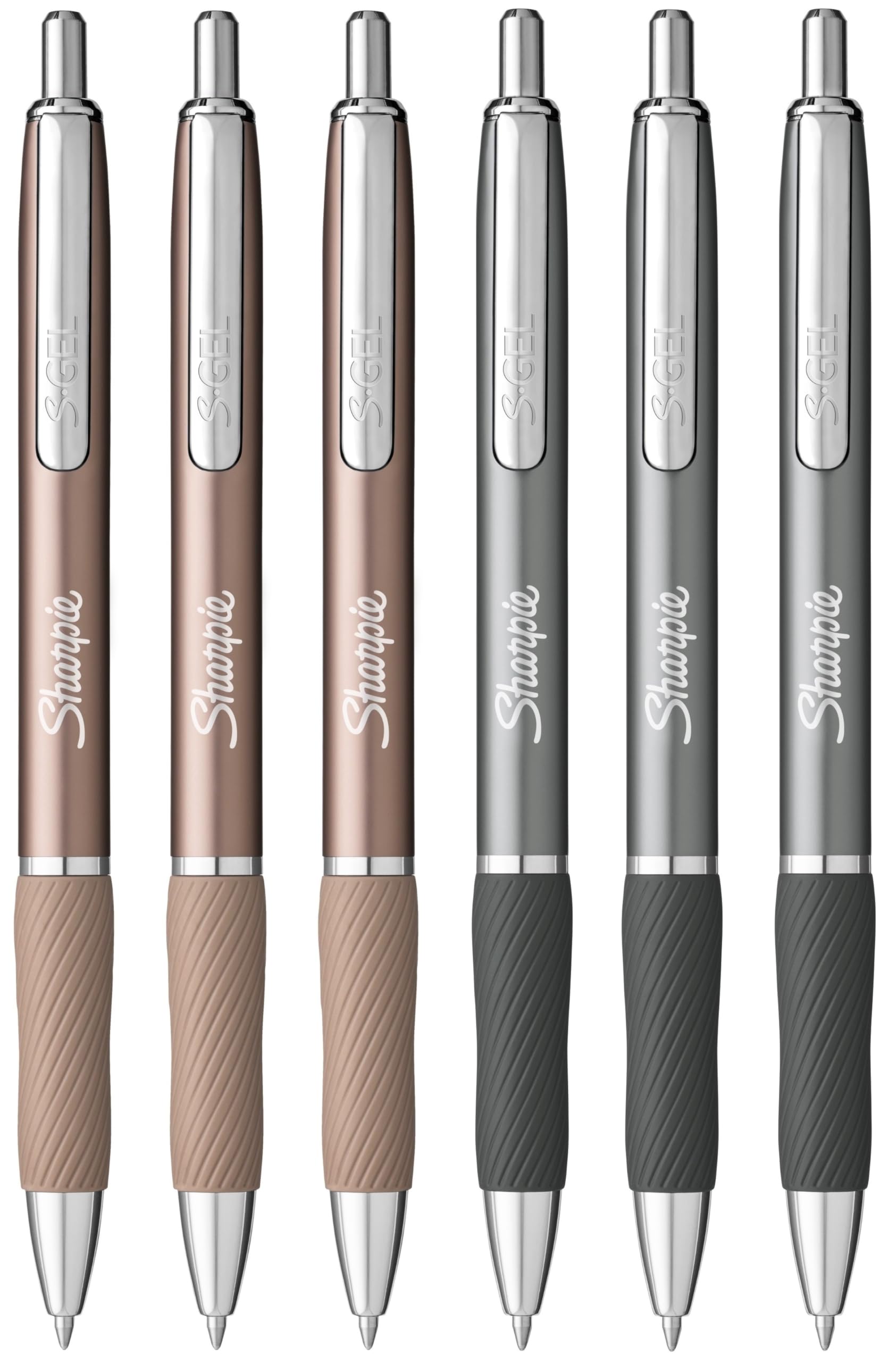 Sharpie S-Gel Pens | Medium Point 0.7mm | Black Ink | Pack of 6 | Metal Barrel Retractable Gel Pens | Steel Grey & Rose Gold