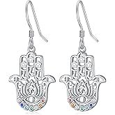 KoyeKei Hamsa Earrings 925 Sterling Silver Evil Eye/Chakra Dangle Drop Earrings Hand of Fatima Jewelry Christmas Gifts for Women