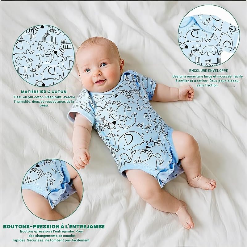 Bébé Body Mixte, Lot de 5 Body à Manches Courtes Bébé en Coton, Cadeau Naissance, Respirants et Pratiques, D'été Combinaison 3-6 Mois, Motif cartoon