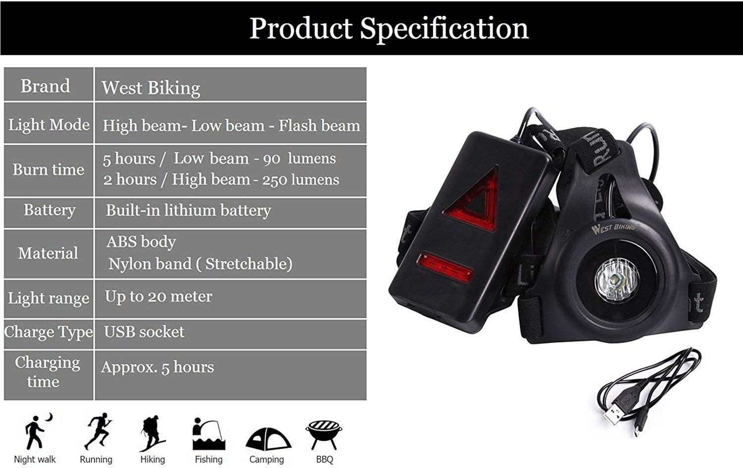 LuTuo Running Light Lamp, USB Rechargeable LED Body Torch - Image 5