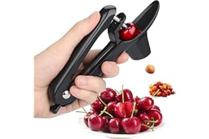 FOPUDY Cherry Pitter - Stainless Steel Olive and Cherries Pitters Corer Tool with Space-Saving Lock Design, Multi-Function Fruit Pit Remover for Cherry Jam (Black)