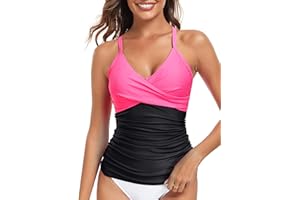 RELLECIGA Women's V Neckline Ruched Tankini Top Swimsuits Push Up Swim Top Only