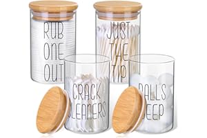 LUCOMB 4 Pack Qtip Holder Glass Dispenser with Bamboo Lids for Bathroom Organization, Apothecary Jars for Cotton Ball Holder and Bathroom Canister Storage Great for Cotton Swabs, Balls, Floss, Bathroom Décor