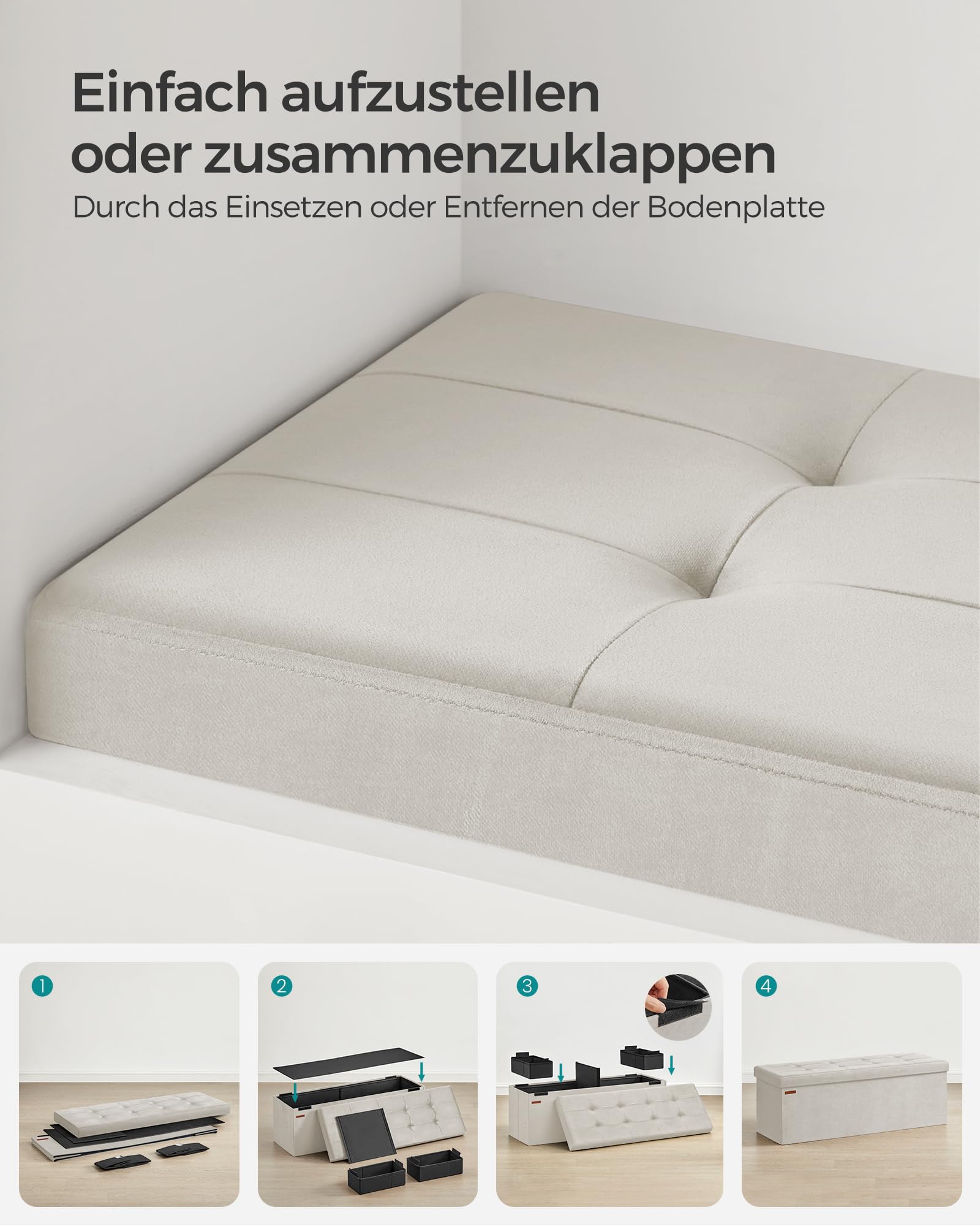 SONGMICS Sitzhocker mit Stauraum, klappbare Sitzbank, 38 x 110 x 38 cm Fußbank, Aufbewahrungsbox, bis 300 kg belastbar, für Wohnzimmer Schlafzimmer Flur, cremeweiß LSF277W01 7