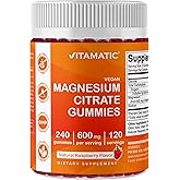 Vitamatic Magnesium Citrate Gummies 600mg per Serving - 240 Vegan Gummies - Natural Raspberry Flavor - High Absorption Magnesium Supplement - Supports Nerve, Bone and Muscle Health