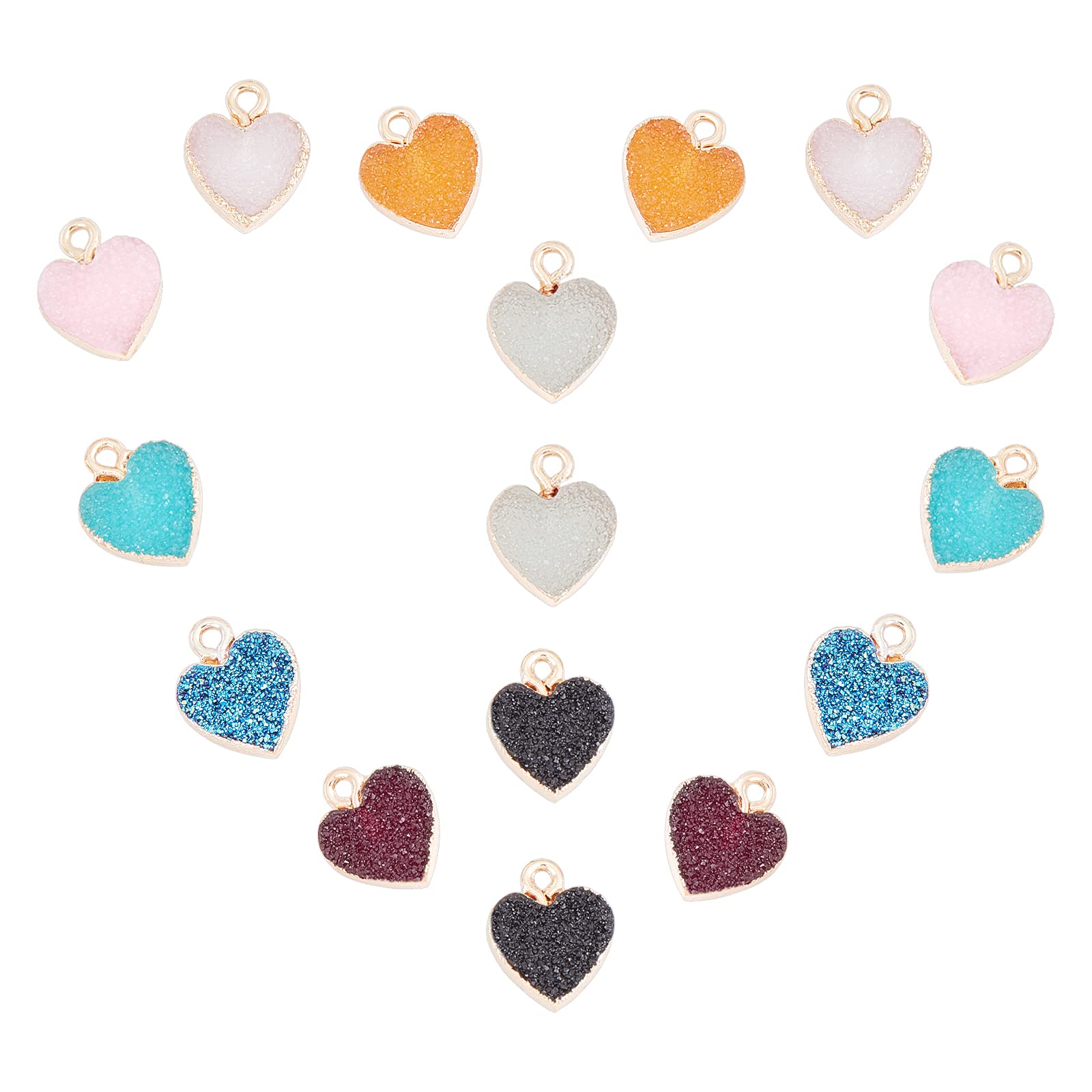 SUNNYCLUE 1 Box 16Pcs 8 Colors Resin Druzy Charms Pendants Colorful Heart Shape Golden Plated Faux Gemstone Dangle Pendant for Jewelry Making Earrings DIY Crafts Supplies Accessories