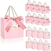 WATUNID 50PCS Small Thank You Gift Bags with Handles, 5.5''x 2.5''x 4.7'' Mini Gift Bags Bulk with Bow Ribbon, Party Favor Bags Candy Bags for Party Wedding Valentine's Day Baby Shower(Pink)