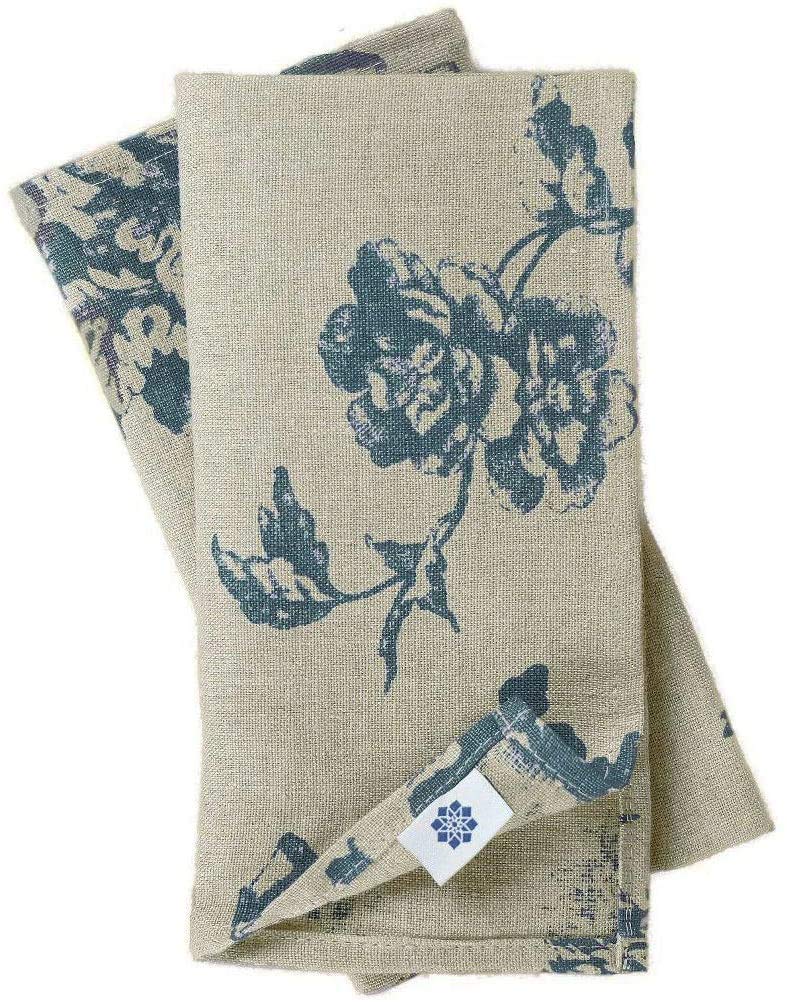 Linen & Cotton Vintage Cloth Dinner Napkins Flores with Floral Design - 100% Linen, Beige Blue (43 x 43 cm) Square Washable Serviettes Cloth Fabric for Home Kitchen Dining Table Tea Party