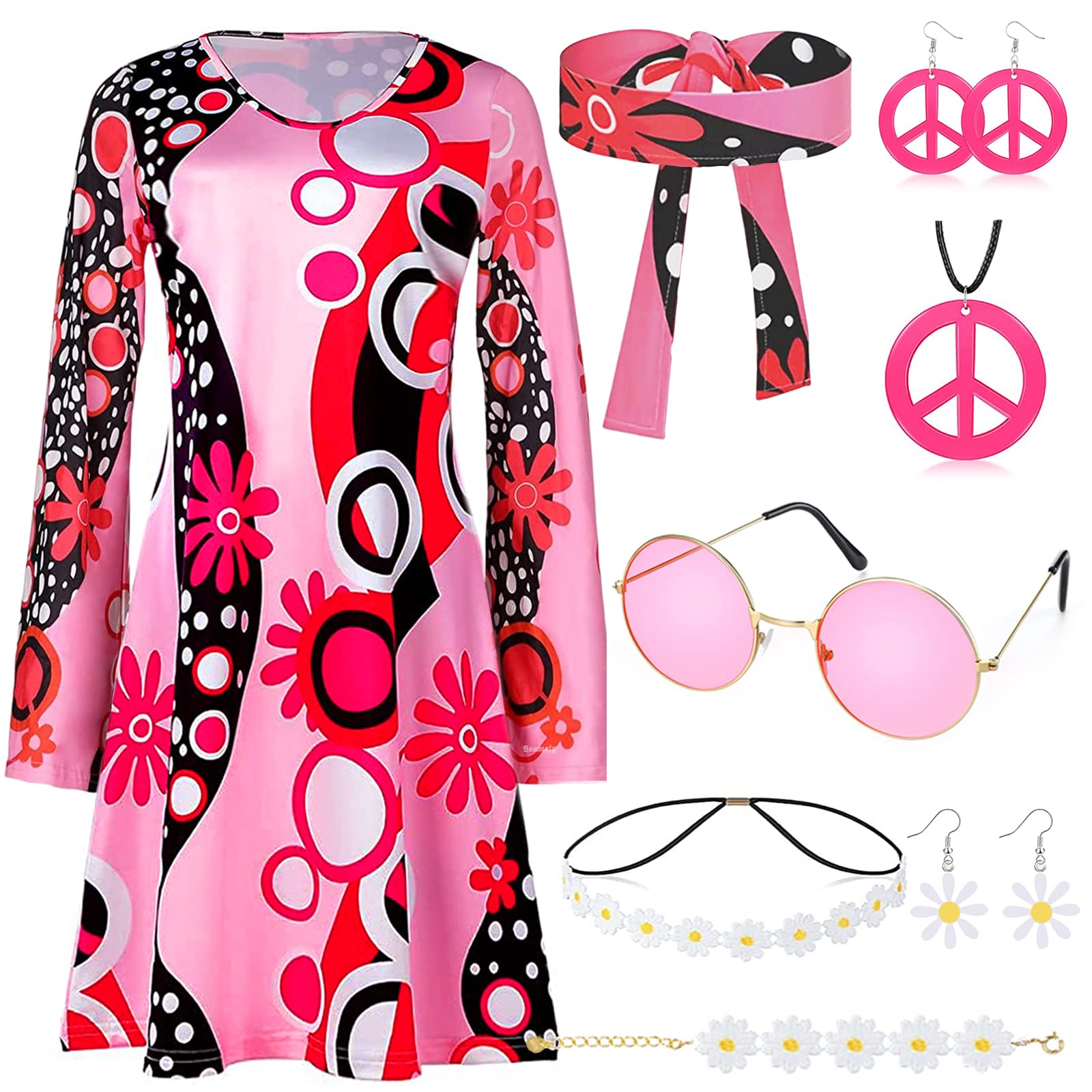60s 70s Fancy Dress for Women, 1970s Hippie Costume Clothes Accessories Set with Floral Skirt Headband Earring Bracelet Sunglasses Necklace 70s Hippy Disco Outfit for Dress Up Party Retro Party-L