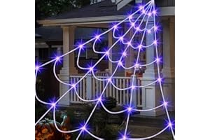 LIVEASILY Outdoor Halloween Decorations Spider Web Lights, 14.8 x 16.4 FT Triangular White Spider Web with 135 LED Purple Lights, Large Size Halloween Decor for Indoor or Outdoor