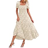 Lazysmile Women's Summer Boho Floral Maxi Dress Short Sleeve Square Neck Smocked Ruffle Elegant Wedding Guest Dress