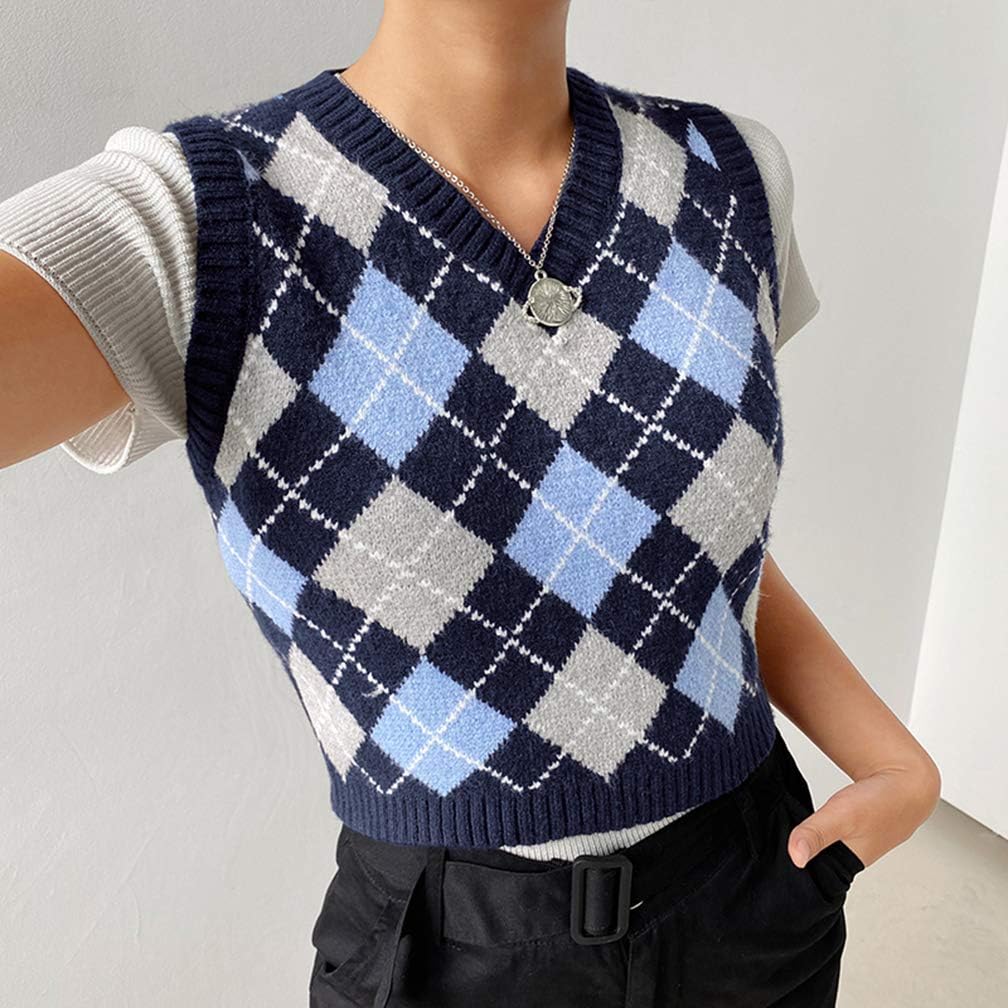 Grneric Women Argyle Preppy Style Sweater Vest Sleeveless V Neck Knitwear Knit Tank Top at  Women’s Clothing store