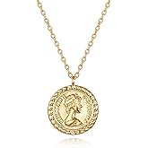 VACRONA Coin Necklace 18k Gold Plated Vintage Textured Medallion Coin Pendant Round Circle Disk Dainty Necklace for Women
