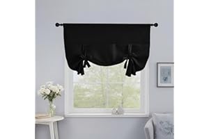 NICETOWN Tie Up Curtain for Kitchen Window, Thermal Insulated Blackout Short Curtains for Livingroom Dining Room RV Camper, Black, W46 X L48 Inches, 1 Rod Pocket Panel