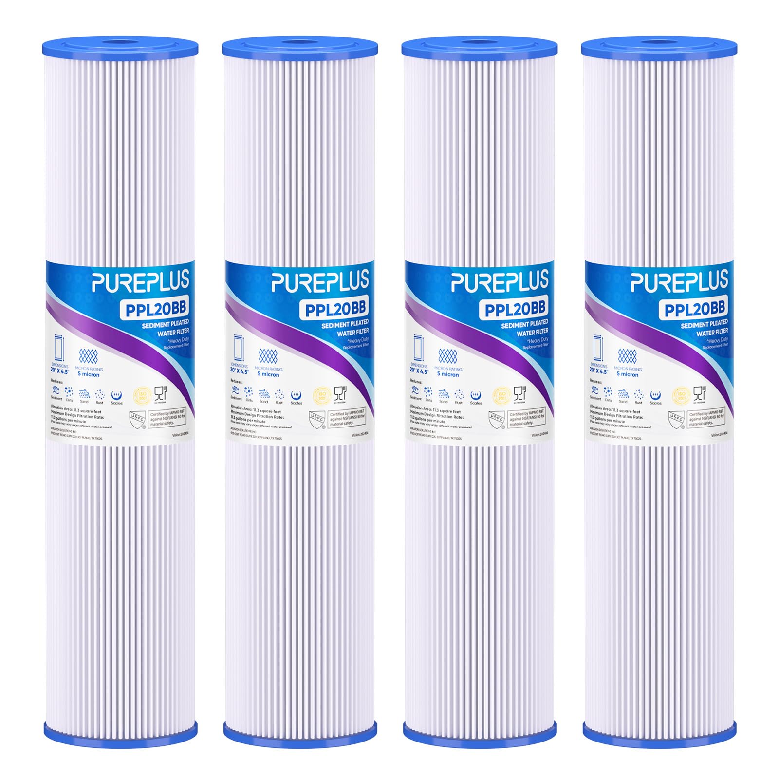 Photo 1 of **missing one filter**PUREPLUS 5 Micron 20" x 4.5" Whole House Pleated Sediment Filter for Well Water, Replacement Cartridge for ECP20-20BB, AP810-2, SPC-45-2020, R30-20BB, HDC3001, ECP5-20BB, 4PackX004P9ZD2D
