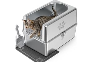 PWTAA Enclosed Stainless Steel Cat Litter Box with Lid, XL Metal Litter Box for Big Cats, Extra Large Cat Toilet with High Side, Non-Stick, Anti-Leakage, Odorless, with Cat Litter Mat & Litter Scoop