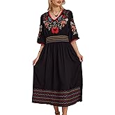 Hgustar Mexican Embroidered Dress for Women Boho Traditional Fiesta Summer Peasant Bohemian Floral Midi Cocktail Dresses