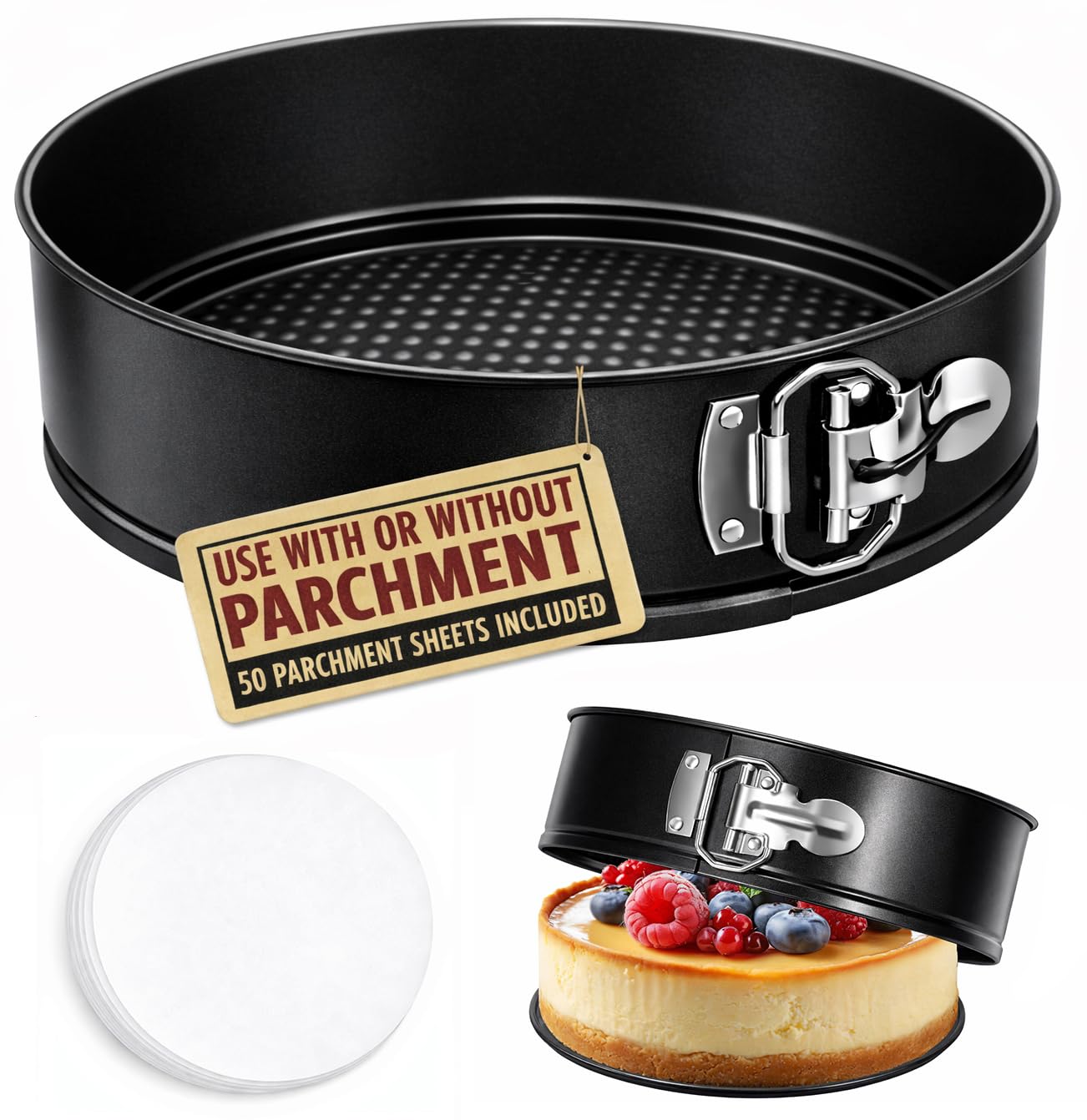 Photo 1 of **MISSING PARCHMENT PAPER** Tellshun 10 Inch Springform Pan Tin With 50Pcs Parchment Paper Nonstick Baking Mold Round Leakproof Removable Bottom Bakeware for Cake Cheesecakes Pie Pizza and Quiches