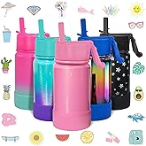 CHILLOUT LIFE 12 oz Kids Insulated Water Bottle for School with Straw Lid Leakproof and Cute Waterproof Stickers, Personalized Stainless Steel Thermos Flask Metal Water Bottle, Pink Sparkle