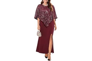 PINUP FASHION Plus Size Formal Dress - Wedding Guest Long Evening Cocktail Mermaid Dress with Sequin Overlay Cape