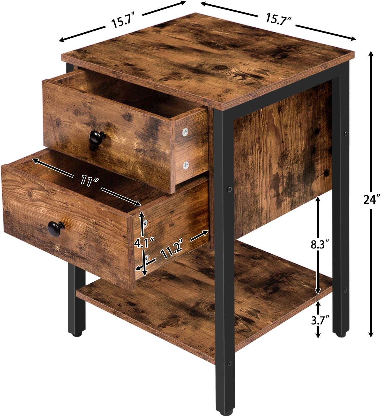HOOBRO Nightstand with 2 Drawers and Open Shelf, Industrial Square End Table for Storage, Bedside Table in Living Room, Bedroom, Easy Assembly, Wooden Look with Metal Frame, Rustic Brown BF47BZ01: Home & Kitchen
