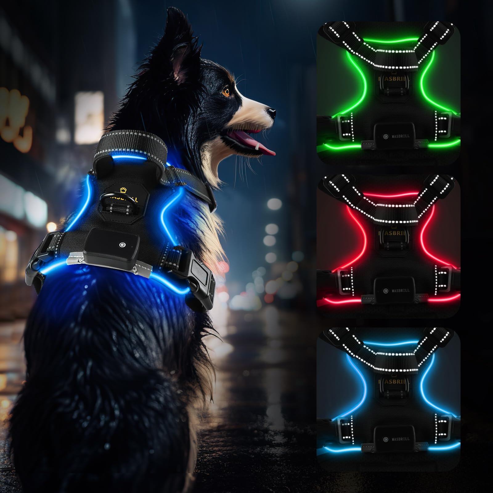 LED Dog Vest Harness, Rechargeable & Reflective with Handle & 2 Lead Clips, Soft Padded for Small, Medium, Large Dogs (Blue S)