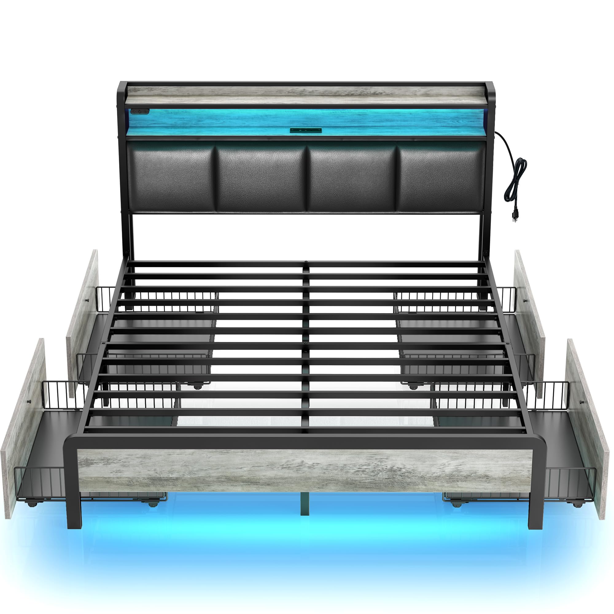 Photo 1 of Rolanstar Bed Frame Full Size with Charging Station and LED Lights, Upholstered Storage Headboard with Drawers, Heavy Duty Metal Slats, No Box Spring Needed, Easy Assembly, Vintage Grey and Black