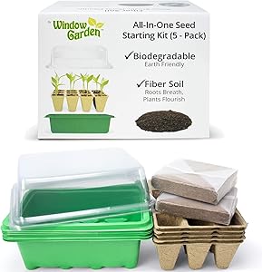 Window Garden Biodegradable Seed Starter Kit (5 Pack)- Eco Friendly Recycled Paper Pulp Plant Pots, Plant Trays, Humidity Dome and Fiber Organic Potting Soil, Starting Plant Seeds with Confidence.