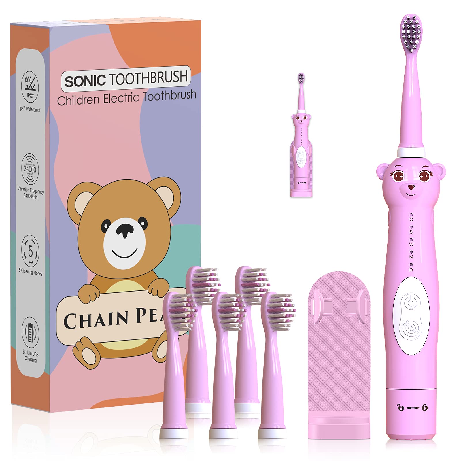 CHAIN PEAK Kids Sonic Electric Toothbrush, Cute Bear Rechargeable Toothbrush for Children, Boys Girls Age 3-12 with 30s Reminder, 2 Min Timer, 5 Modes, 6 Brush Heads, Wall-Mounted Holder