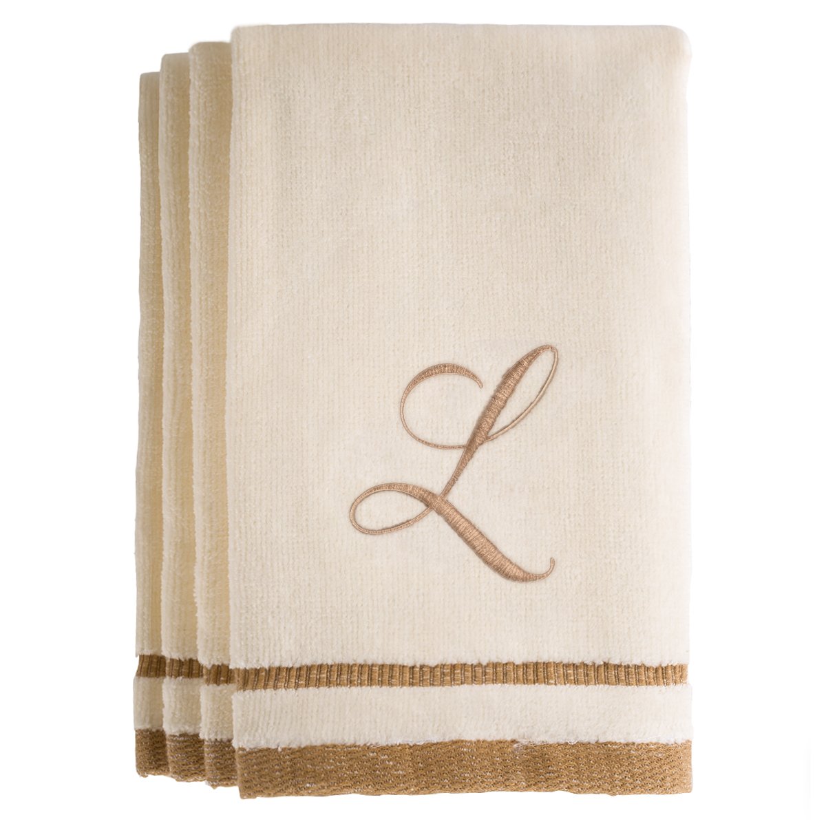 Monogrammed Gifts, Fingertip Towels, 11 x 18 Inches - Set of 4- Decorative Golden Brown Embroidered Towel - Extra Absorbent 100% Cotton- Personalized Gift- for Bathroom/Kitchen- Initial L (Ivory)