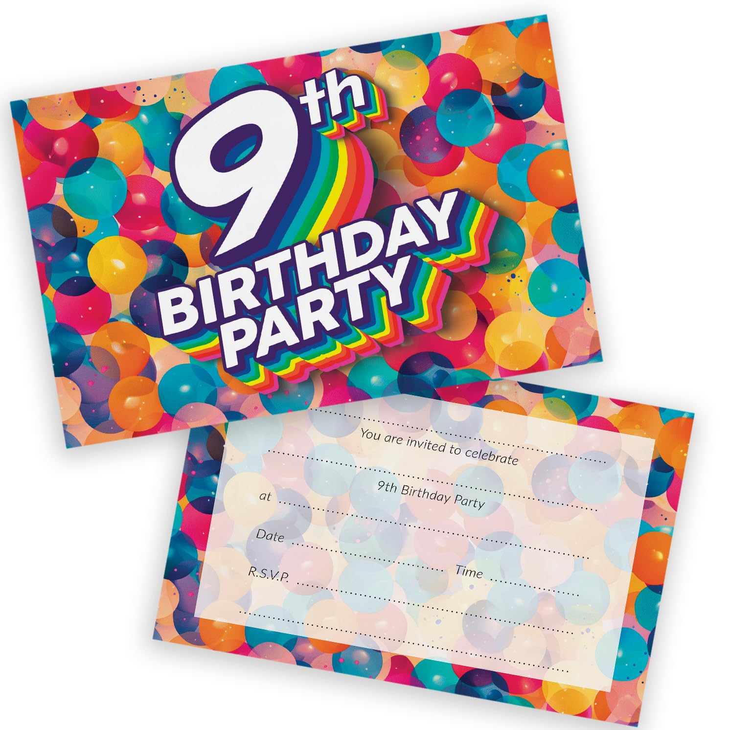 9th Birthday Party Invitations Kids - Rainbow Balloons 20 Pack - Childrens Birthday Invitations for Boys/Girls A6 Bday Party Invites Invitation Cards with Folding Envelopes