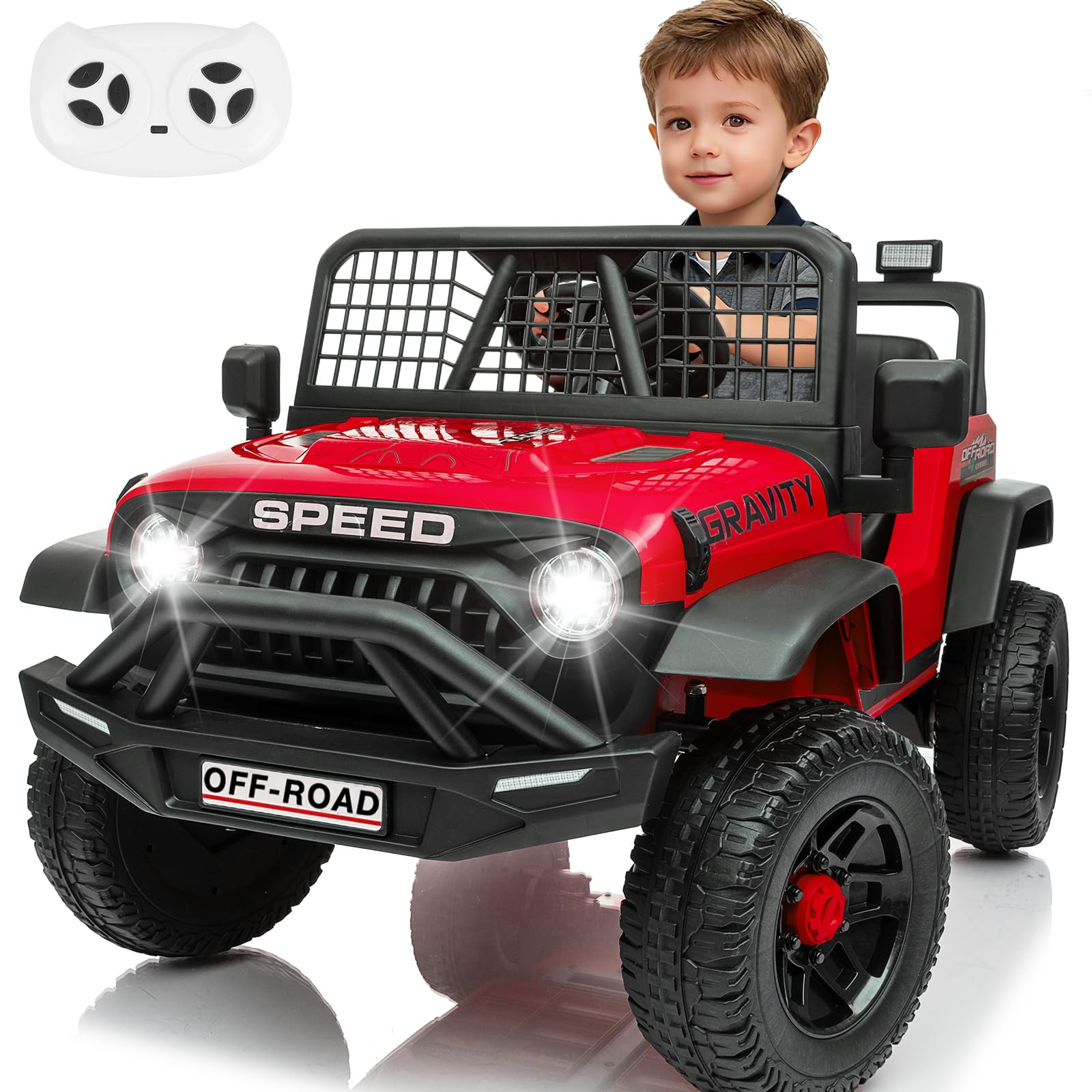 Blissride 24V Jeep Power Wheels w/Remote Control, 4WD Ride on Truck Car, 3 Speed, Bluetooth Music, Wide Seat, Spring Suspension, LED Light, Birthday for Boys Girls Toddler (D-Red)