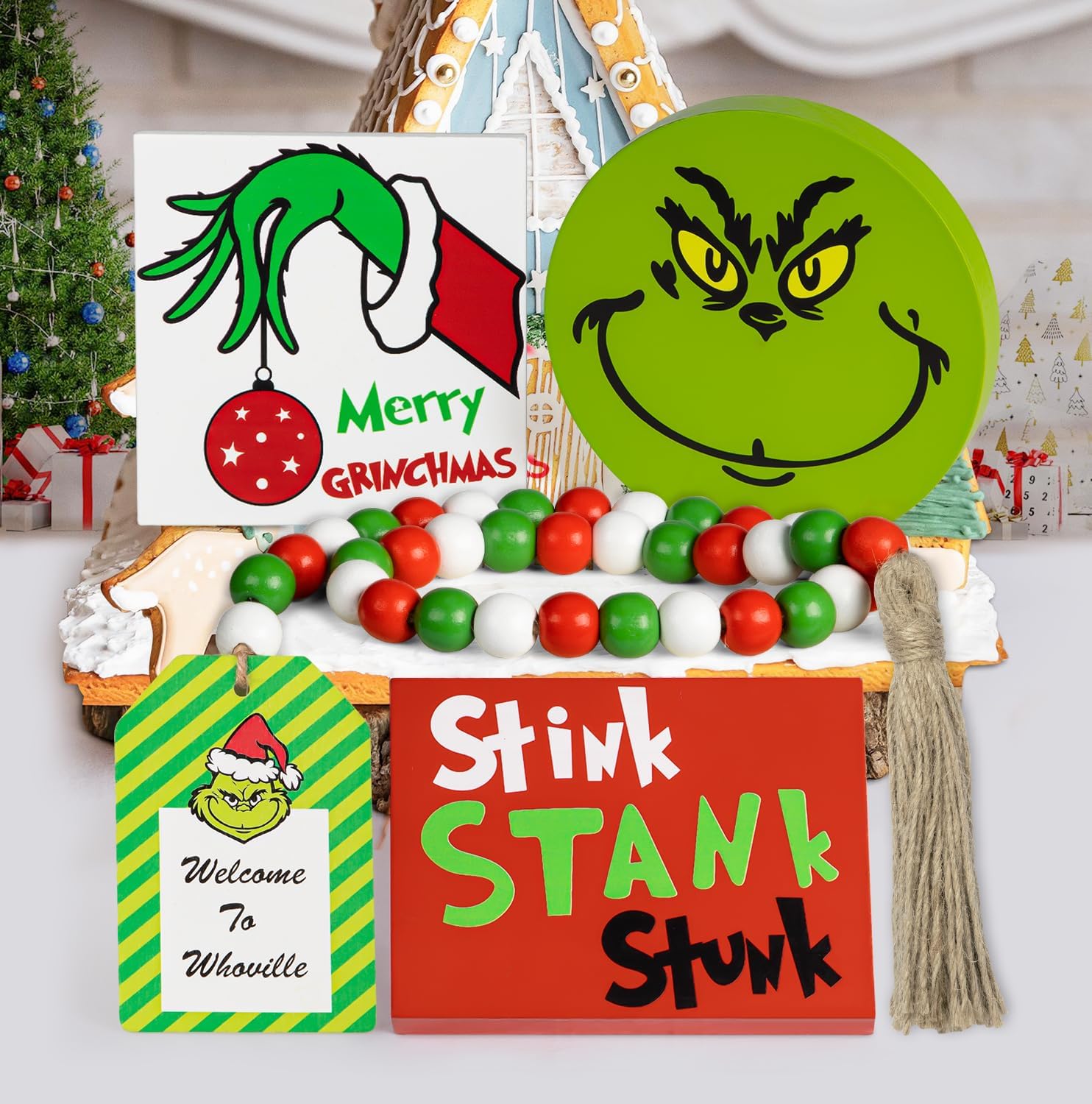 Wreaths, Garlands & Swags - Grinch Christmas Decorations - Christmas Tiered Tray Decor - Green Christmas Wood Signs Bead Garland - Farmhouse Grinch Decor for Table Mantel Xmas