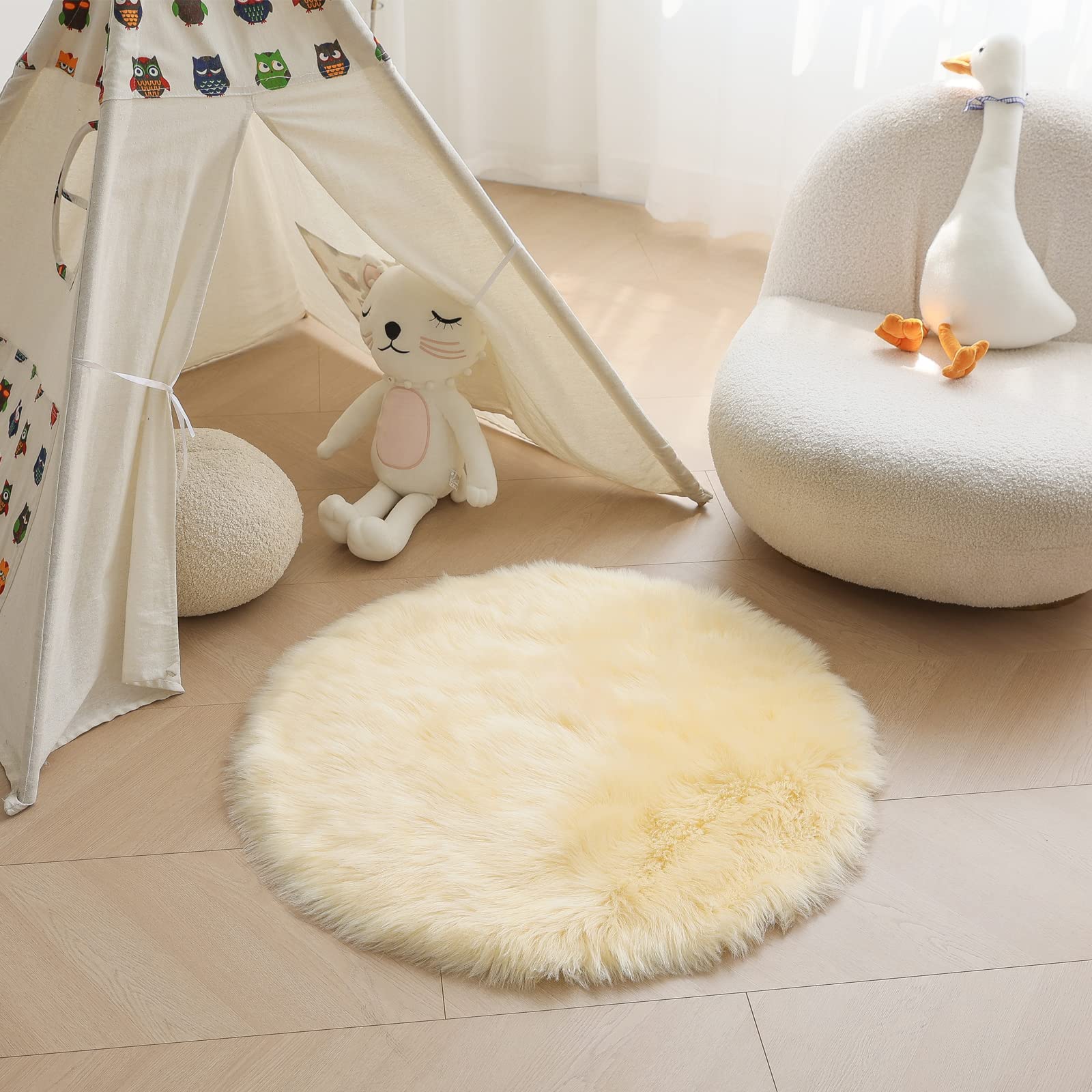 HARESLE Round Shaggy Rugs Fluffy Fur Area Rug Round Carpet Bedroom Living Room Floor Mat (Light Yellow,Diam 120cm/47.2in/3.93ft)