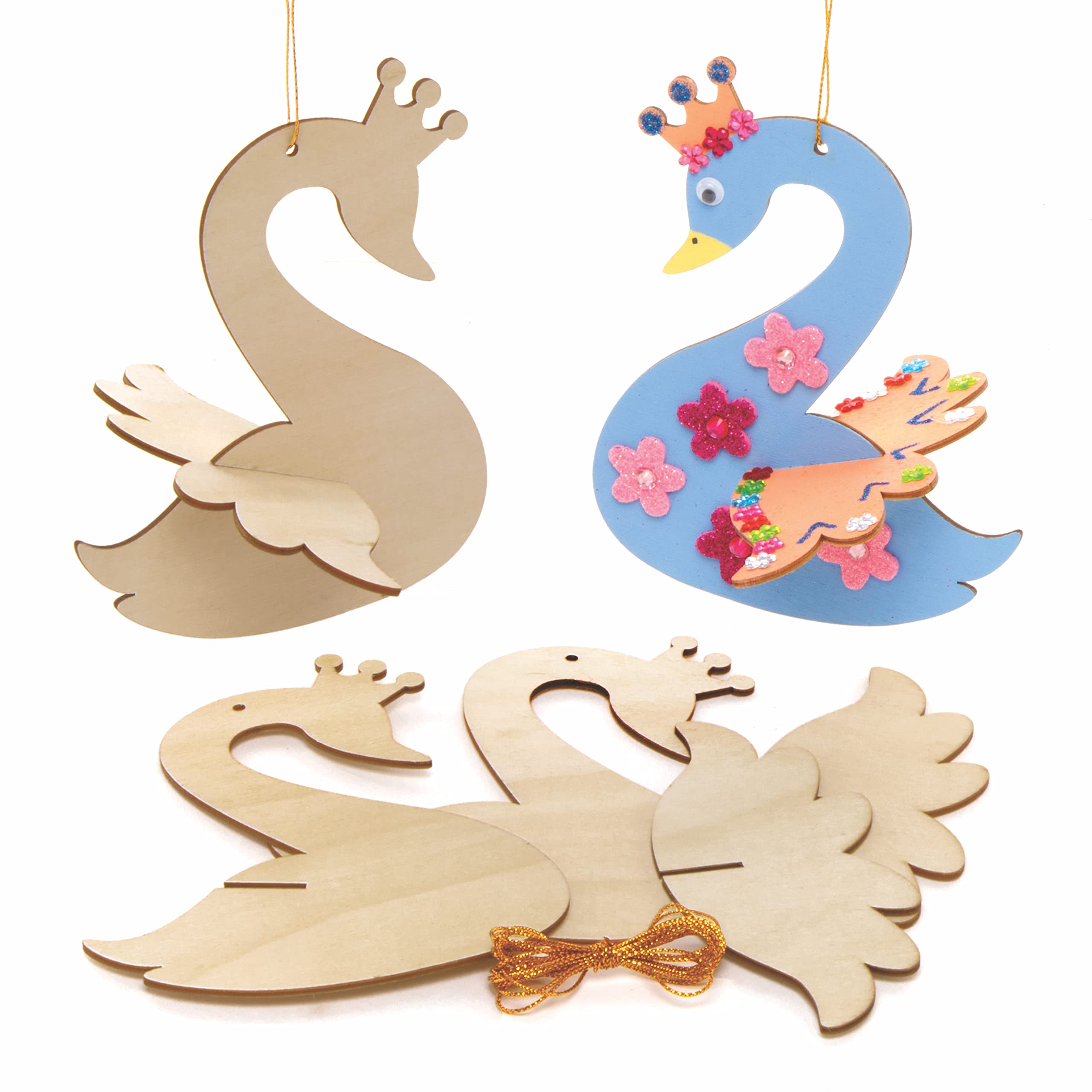 Baker Ross AX820 Swan Princess 3D Decorations - Pack of 6, Woodcrafts For Kids Arts and Crafts Projects, Great for an Art Party