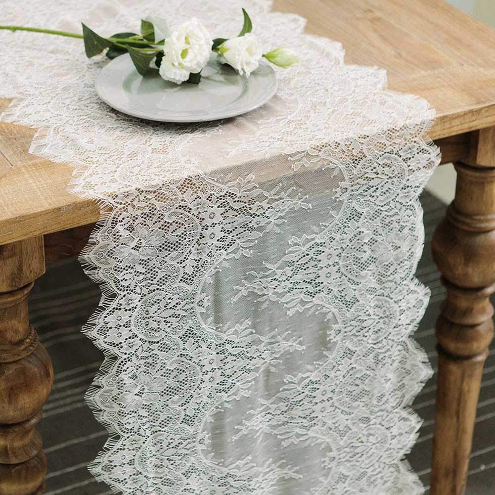 Photo 1 of Hooqict 4 Pack Lace Table Runner 14 x 120 Inch Ivory White Classy Table Runner for Rustic Wedding Table Decorations Baby & Bridal Shower Decor Vintage Rose Embroidered Boho Party Table Runner